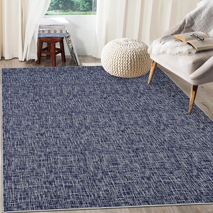 RUGSREAL Area Rug 5x7 Machine Washable Area Rug for Living Room Non-Slip Stain Resistant Modern Abstract Rug Contemporary Solid Color Throw Rug Foldable Accent Floor Carpet for Dining Room, Blue