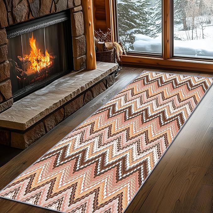 Brown Pink White Wave Runner Rug, 3x12ft Soft Tone Hallway Decor Carpet - Modern Home Corridor & Foyer Long Rug Non-Slip Mat, Washable Flannel Material, Bedroom Stylish Accent Rugs