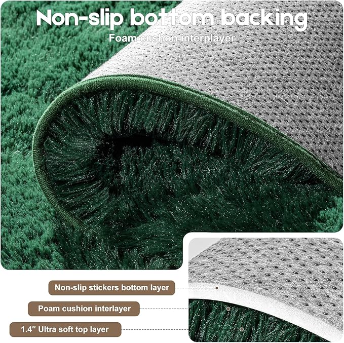 3x5 Dark Green Rugs for Bedroom Living Room, Fluffy Small Area Rug Soft Shag Carpet for Kids Boys and Girls Room with 4 Rugs Non-Slip Stickers Dorm Home Decor (3ft x 5ft)