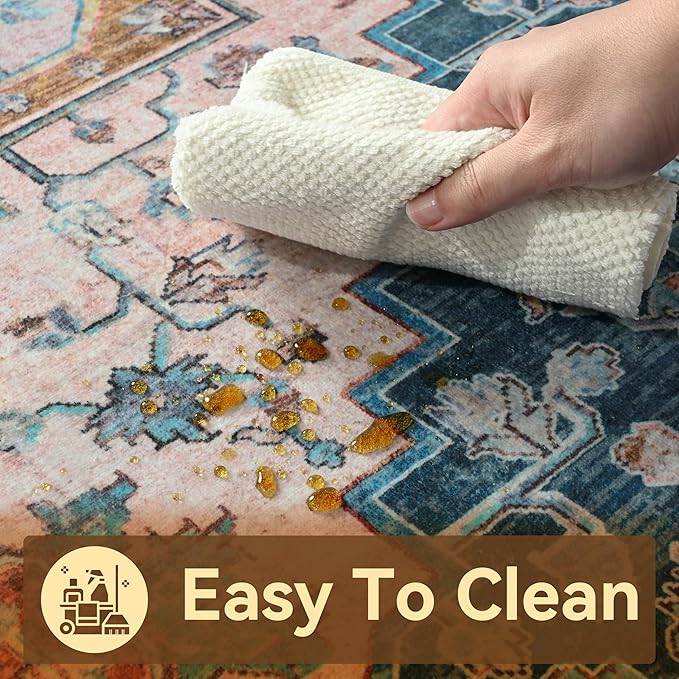 YJ.GWL Area Rugs for Living Room 5x7 Machine Washable Rugs, Non Slip Floral Vintage Rug Indoor Carpet, Stain Resistant Large Rug for Bedroom Dining Room, Brown Blue