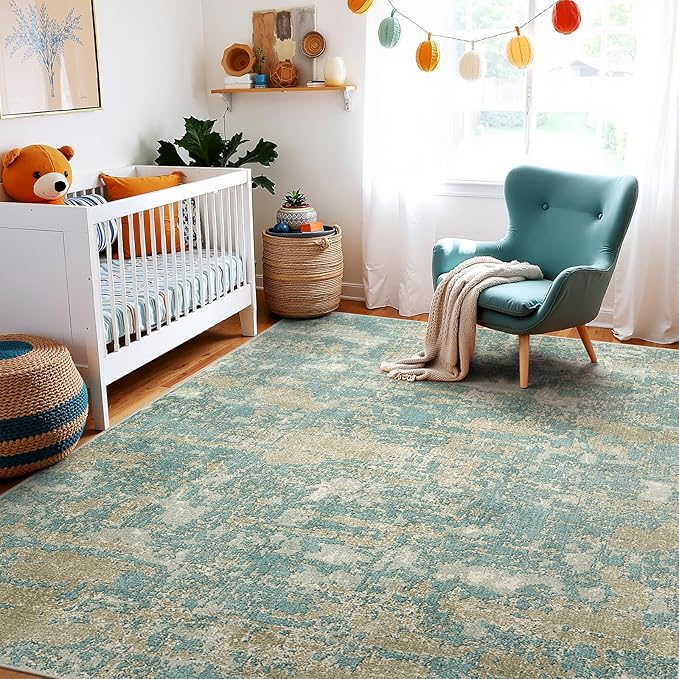 WITSHOCK Living Room Area Rugs 7x9：Modern Abstract Machine Washable Large Rug for Bedroom Dining Room Non-Slip Stain Resistant Home Office Decor,Teal Brown