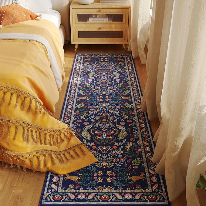 Rugcomf Runner Rug Washable Kitchen Runner 2'x 6'Runner Rug Floral Non-Slip for Entryway Indoor Soft Carpet Runner for Hallways, Kitchen, Laundry, Bedroom, Bathroom(Blue)