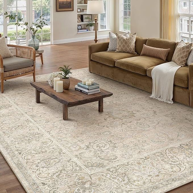 HUGEAR 6x9 Machine Washable Area Rugs Vintage Beige - Neutral Living Room Bedroom Rug Non Slip Stain Resistant Low Pile Aesthetic Throw Carpet Kids & Pet Friendly