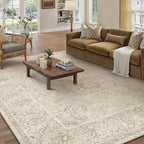 HUGEAR 6x9 Machine Washable Area Rugs Vintage Beige - Neutral Living Room Bedroom Rug Non Slip Stain Resistant Low Pile Aesthetic Throw Carpet Kids & Pet Friendly