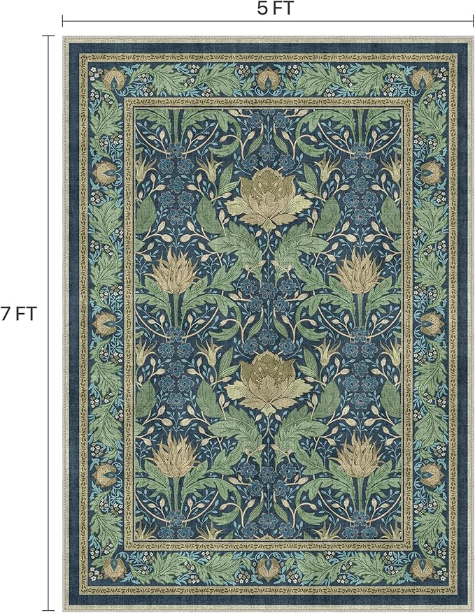 Bavni 5x7 Area Rugs for Living Room, Microfiber Machine Washable Non-Slip Vintage Floral Rug, Low Pile Lightweight Carpet for Bedroom, Dining Room, Home Office, Navy Blue & Sage Green