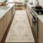 Runner Rug 2x10 Cream Hallway Washable Beige Carpet Non Slip Vintage Medallion Beige Carpet Low Pile Soft Distressed Retro Indoor Long Rug for Entryway Kitchen Bathroom Laundry Bedroom