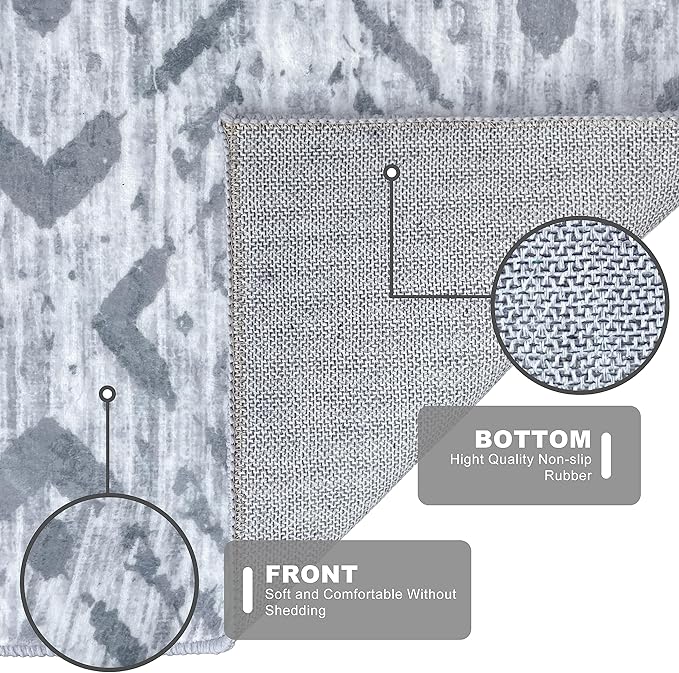 KILOCOCO Boho Entryway Rug 3x5 Area Rug Washable Non Slip Grey Throw Rugs Soft for Kitchen Living Room Dining Bedroom Rugs Geometric Moroccan Carpet