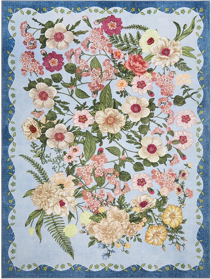Floral Rugs for Living Room - 9x12 Soft Washable Area Rug Stain Resistant Ultra-Thin Non-Slip Low Pile Farmhouse Vintage Large Carpet for Bedroom Dining Room Nursery Home Office Decor, Blue
