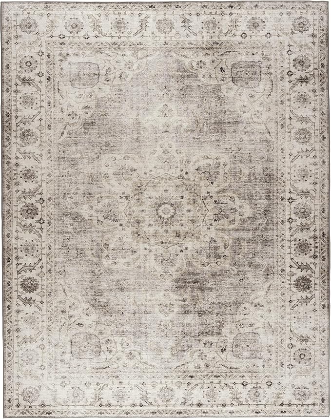 ReaLife Rugs Machine Washable Area Rug - Stain Resistant,Non-Shed - Eco-Friendly,Non-Slip, Family & Pet Friendly - Made from Premium Recycled Fiber - Vintage Bohemian Medallion - Beige Ivory, 3' x 5'