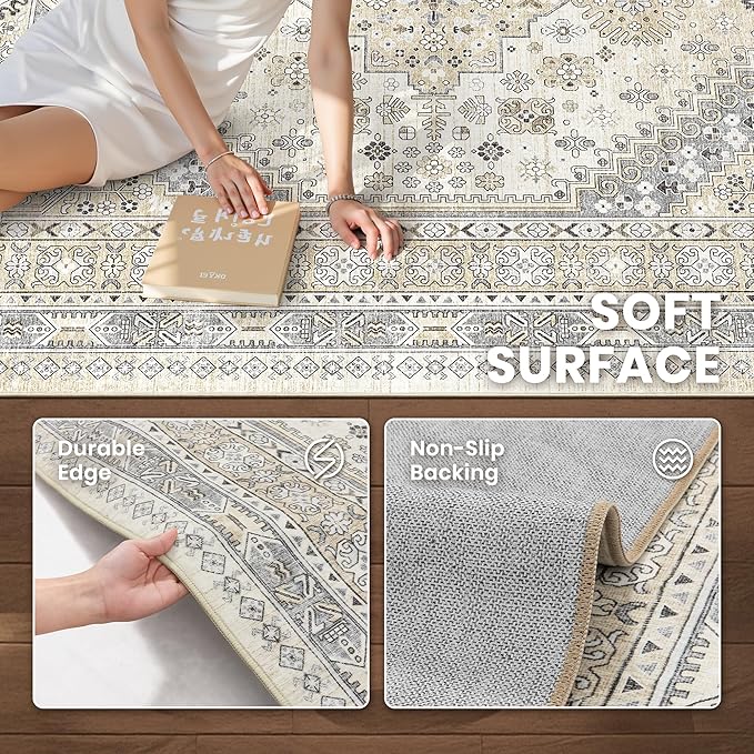 zesthome 6x9 Area Rug, Super Soft Washable Rugs for Living Room, Non-Slip Stain Resistant Vintage Rugs, Ultra-Thin Large Area Rugs (Beige,6'x9')