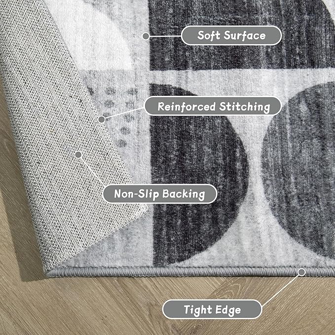 MUJOO 3x5 Rug Washable,Black and Grey Area Rugs for Bedroom Entryway Living Room Bedside,Small Boho Throw Floor Carpet Non Slip Soft Indoor Modern Abstract