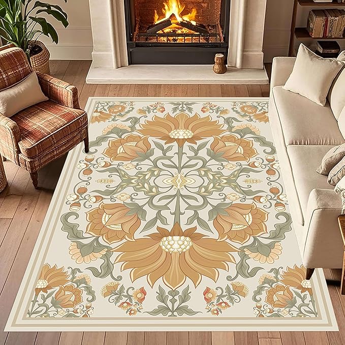 Abstract Sunflower Area Rugs, 3x4ft, Traditional Rustic Vintage Tropical Floral Theme Beige Farmhouse Boho Carpet, Shaggy Low Pile Fade Resistant Home Goods Rug for Living Room Kitchen