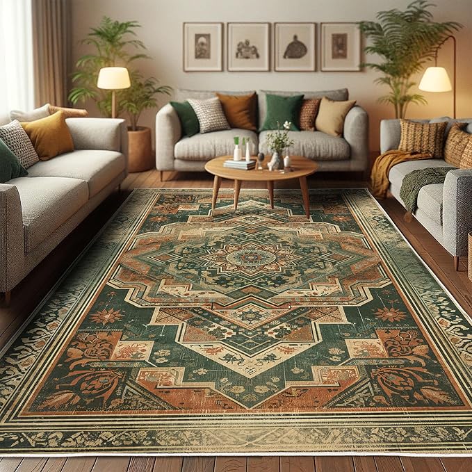 Ambesonne Oriental Boho Decorative Rug, Bohemian Flowery Mandala with Abstract Geometric Details Print, Quality Carpet for Bedroom Dorm and Living Room, 2' 5" x 5', Hunter Green Peach
