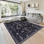 GLN Rugs Traditional Collection - Machine Washable Area Rug, Traditional Washable, Non Slip, Low Pile Chenille Rug, Living Room, Bedroom, Kitchen Rug (8' x 10' Black)