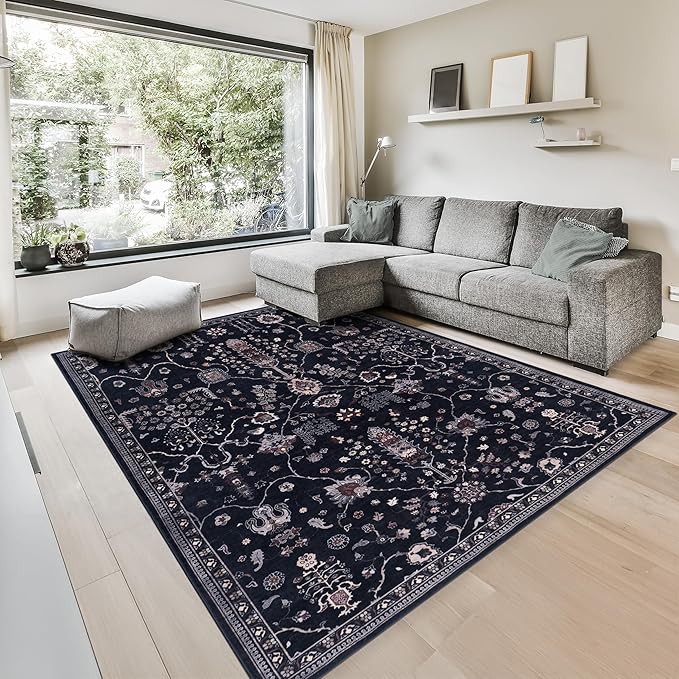 GLN Rugs Traditional Collection - Machine Washable Area Rug, Traditional Washable, Non Slip, Low Pile Chenille Rug, Living Room, Bedroom, Kitchen Rug (8' x 10' Black)