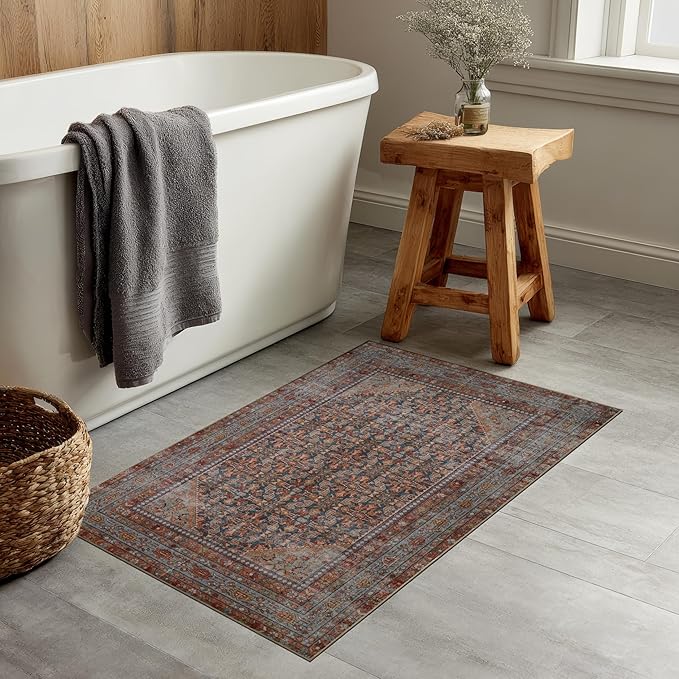Kuden 3x5 Small Rug, Machine Washable, Non-Slip Backing, Vintage Style, Soft, Low Pile, Area Rugs for Entryway Kitchen Indoor Entrance