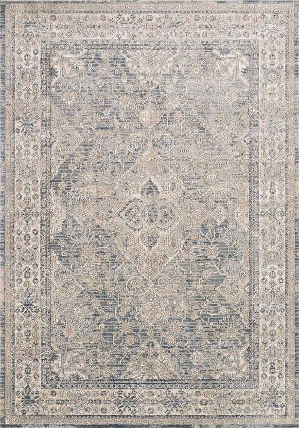 Loloi Teagan Collection TEA-04 Sky/Natural 6'-7" x 9'-2" Area Rug, Large, Soft Neutral Rug, High-Traffic for Living Room, Bedroom, Home Office, Dining Area