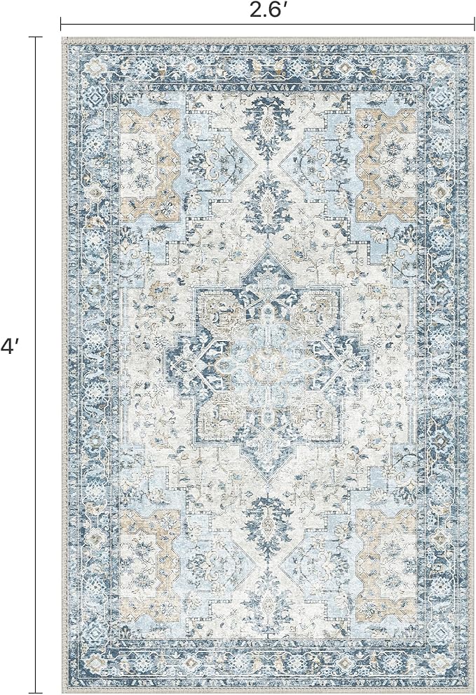 Runner Rug 2'6''x4, Non Slip Vintage Machine Washable Runner Rug, Low Pile Lighrweight Rugs for Entryway, Hallway, Kitchen and Corridor, Blue