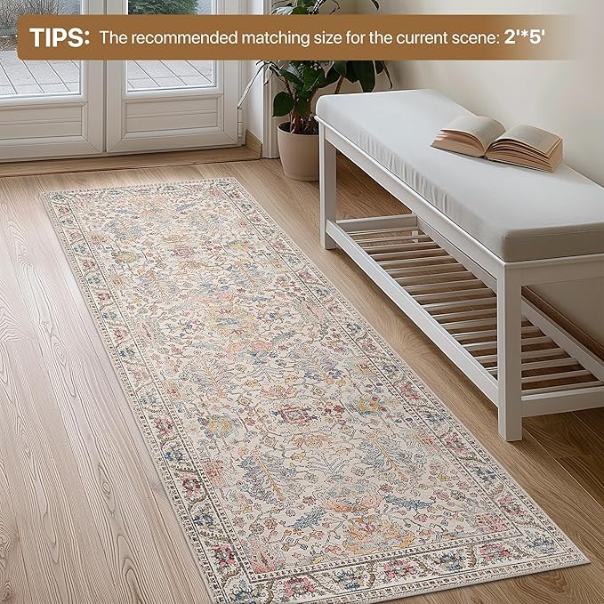 Bavni Area Rug 3x5, Non-Slip Washable Rugs for Living Room Office, Boho Distressed Printed Rug, Low Pile Foldable Decorative Carpet for Bedroom Kitchen Office, Retro Multi