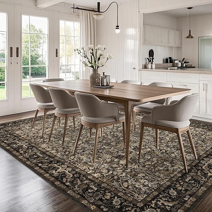 Washable Living Room Rug: 9x12 Boho Floral Soft Area Rug for Bedroom Decor - Vintage Low Pile Thin Carpet for Dining Room Non-Slip - Farmhouse Stain Resistant Rugs - Dark Brown