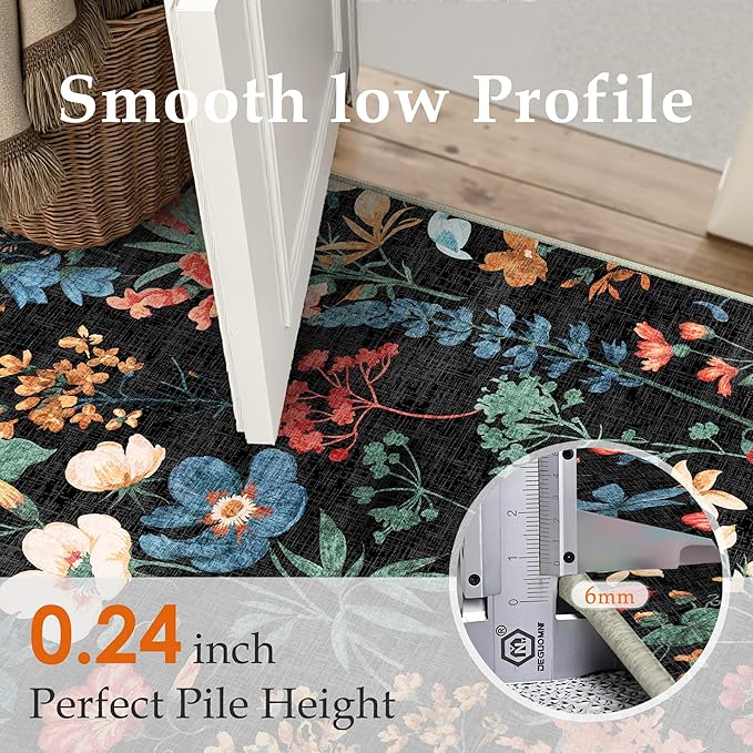Black Area Rug 8x10 Floral Washable Living Room Kitchen Boho Carpet Non Slip Low Pile Indoor Accent Lightweight Soft Throw Rug for Bedroom Office Dining Room Nursery Farmhouse