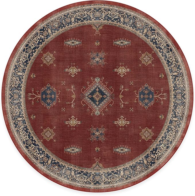 RUGGABLE Washable Vintage Area Rug – Verena Amber Red 6 ft Round, Stain-Resistant, Non-Slip – Medium Machine Washable Rugs for Living Room, Bedroom, Hallway, Entryway & Office–with Standard Pad