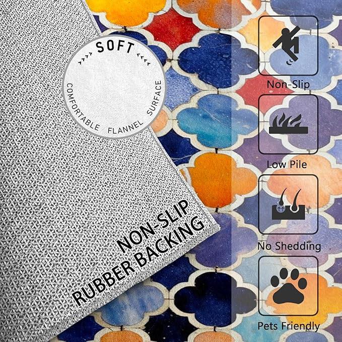 Moroccan Rugs for Living Room - 7x10 ft, Moroccan Trellis Rug, Colorful Geometric Area Rugs for Living Room Bedroom, Oriental Tile Washable Rug Non-Slip Carpet, Traditional Patchwork Home Decor