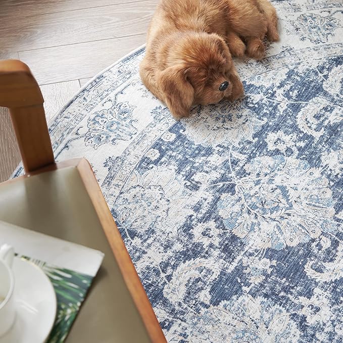 jinchan Fiora Round Rug 6ft Area Rugs Vintage Floral Distressed Design - Machine Washable Non-Slip Low-Pile Ultra-Thin Circle Rug for Entryway Bedside Living Room Bedroom (6' Round, Dark Blue)