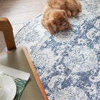 jinchan Fiora Round Rug 6ft Area Rugs Vintage Floral Distressed Design - Machine Washable Non-Slip Low-Pile Ultra-Thin Circle Rug for Entryway Bedside Living Room Bedroom (6' Round, Dark Blue)