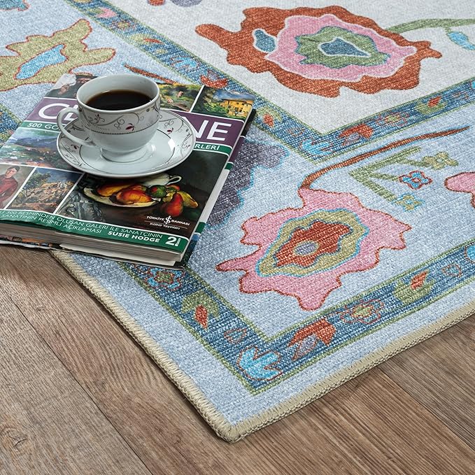 Fame Living Colorful Oushak Rug, Modern, Vintage, Turkish, Eclectic, Floral, Pastel, Washable, Extra Large Area Rugs for Living Room, Dining, Bedroom, Lounge, 9'x12'