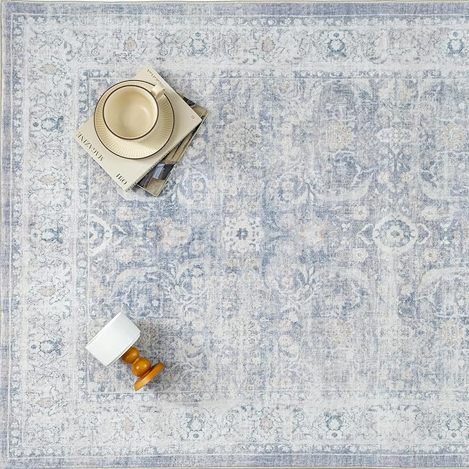8x10 Blue Washable Area Rug for Living Room Bedroom Neutral Soft Non Slip Rug Low Pile Vintage Distressed Carpet for Dining Room Nursery Office Indoor