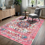 GLN Rugs Traditional Collection - Machine Washable Area Rug, Traditional Washable, Non Slip, Low Pile Chenille Rug, Living Room, Bedroom, Kitchen Rug (9' x 12' Pink/Multicolor)