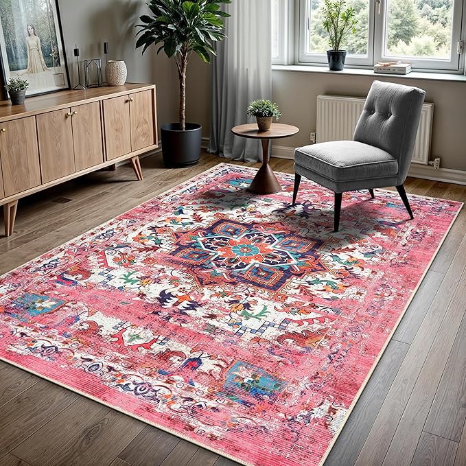 GLN Rugs Traditional Collection - Machine Washable Area Rug, Traditional Washable, Non Slip, Low Pile Chenille Rug, Living Room, Bedroom, Kitchen Rug (3' x 5' Pink/Multicolor)