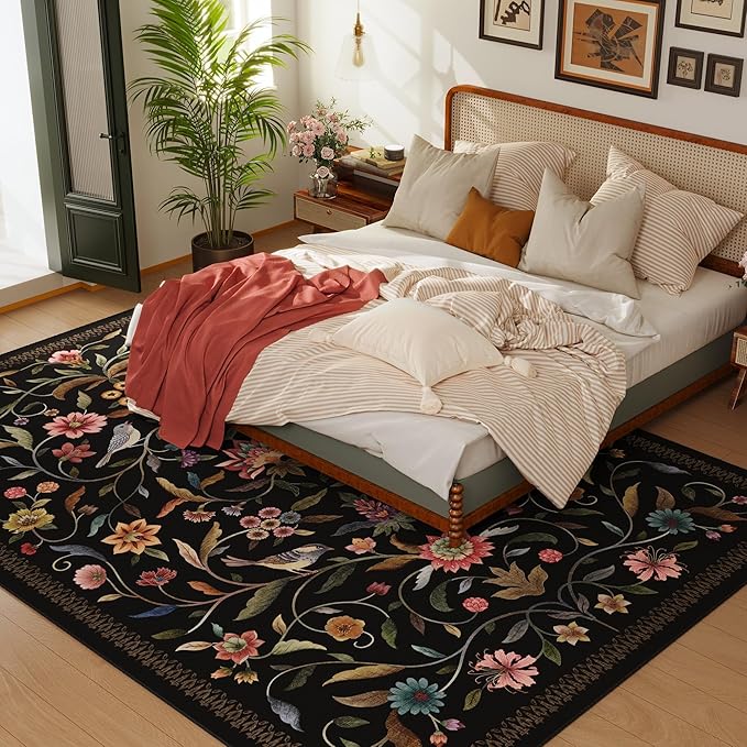 Vintage Medallion Floral 5x7 Area Rugs, Machine Washable Non-Slip, Low Pile Soft Carpet for Living Room, Bedroom, Dining Room, Farmhouse, Kids Playroom, Office | Black