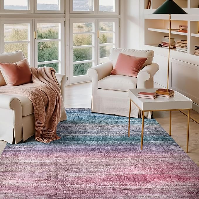 Kokia Abstract Area Rugs 8x10 Bedroom Soft Living Room Rugs Washable Distressed Vintage Comfy Red Carpet with Non-Slip Backing for Farmhouse Home Office Room Decor, Oslo Orchid