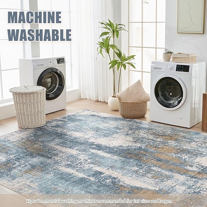 Area Rug Living Room Rugs - 5x7 Washable Soft Indoor Neutral Modern Abstract Low Pile Rug Carpet for Bedroom Dining Room Farmhouse Home Office - Blue Brown