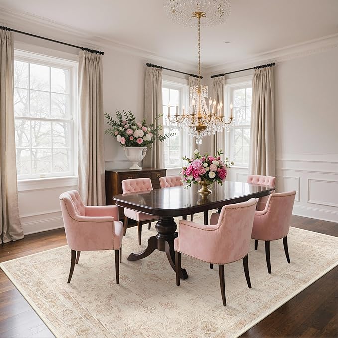 6x9 Area Rugs for Living Room, Machine Washable Rug, Non Slip Vintage Rugs, Low Pile Lightweight Print Rug for Bedroom, Dining Room, Home Office, Pink