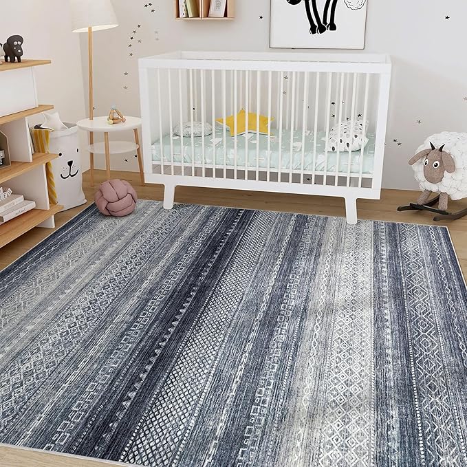 Nakagishi 12x15 Area Rug Living Room: Washable Boho Large Neutral Modern Soft Stain Resistant Farmhouse Indoor Floor Rug Non-Slip Carpet for Bedroom Nursery Kids Playroom Office Dining Room- Blue