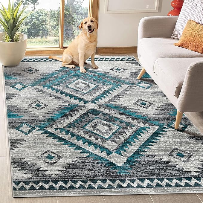 YHSF South West Native American Rug Ritz – Native Tribal American Indian Inspired Rug - Living Room, Bedroom, Hallway, Entryway & High-Traffic Area Rugs - Washable - Soft - Steel, 5 Feet x 7 Feet