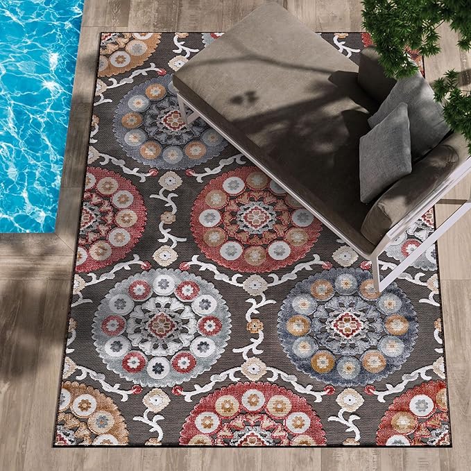 CAMILSON Indoor Outdoor Rug 6x9 Bohemian Medallion Floral Area Rugs for Indoor and Outdoor Patios Easy-Cleaning Non-Shedding Living Room Garden and Kitchen Washable Outside Carpet (6 x 9 / Brown)