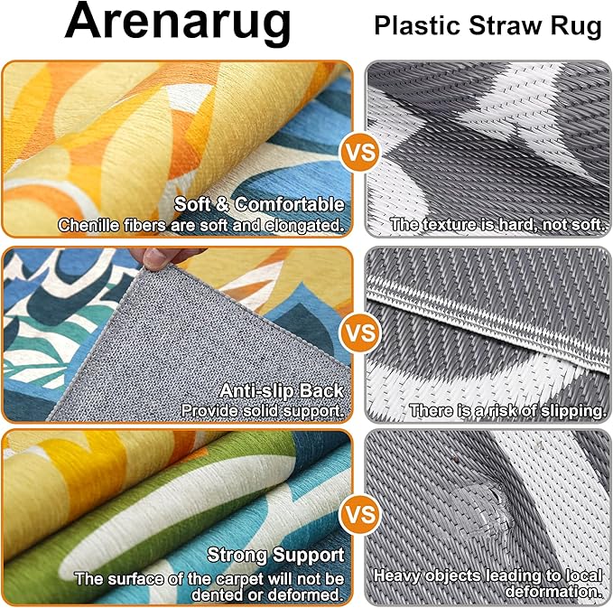 Colorful 8x10 Outdoor Area Rug Washable Multicolored Patio Rug Tropical Botanical Floral Chenille Waterproof Outdoor Carpet Non-Slip for Deck, Backyard, Porch, Green