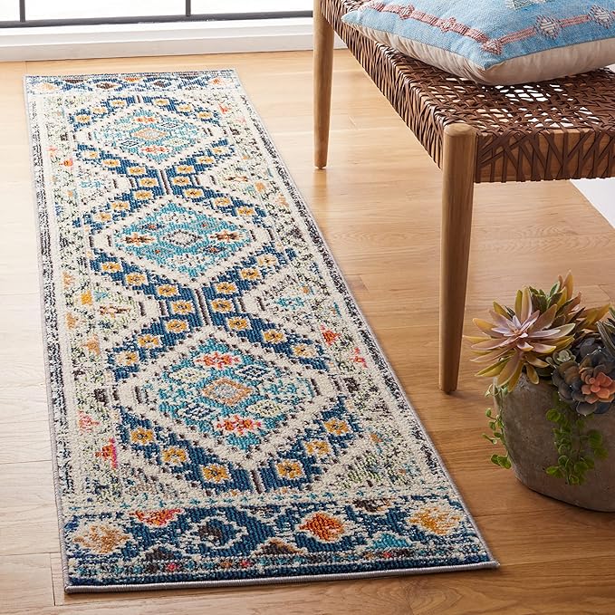 SAFAVIEH Madison Collection Runner Rug - 2' x 8', Navy & Beige, Boho Diamond Distressed Design, Non-Shedding & Easy Care, Ideal for High Traffic Areas in Living Room, Bedroom (MAD418M)