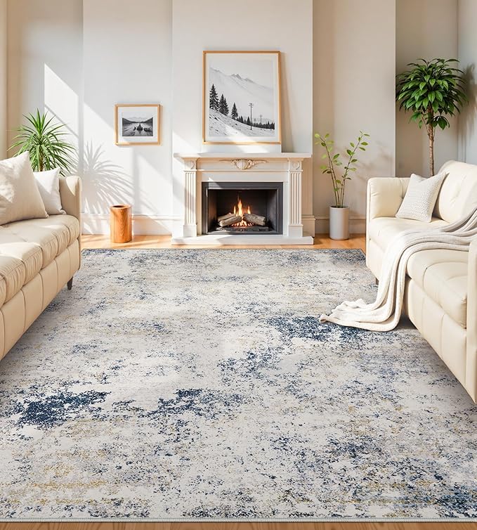 Area Rugs 9x12 Living Room - Modern Abstract Large Rugs for Living Room Non-Slip Low Pile Soft Machine Washable Carpet for Bedroom, Under Dining Table, Nursery, Farmhouse (9'x12' Beige Blue)