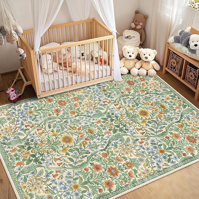 5×7 Grass Green Washable Floral Area Rug,Vintage Boho Soft Low-Pile Living Room Rugs, Stain Resistant Botanical Non-Slip Carpet for Bedroom,Dining Room, Kids Nursery,Home Decor