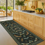 Dark Green Insect 2x5 Bathroom Runner Rug - Washable Non Slip Runners for Kitchen, Laundry Room, Front Door Mat Entrance, Nature Floral Indoor Floor Décor, Thin Low Pile with Rubber Backed
