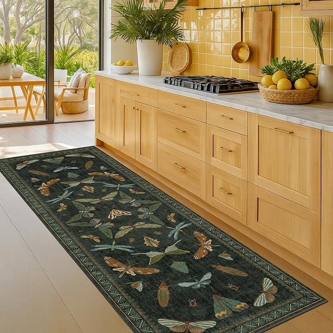 Dark Green Insect 2x5 Bathroom Runner Rug - Washable Non Slip Runners for Kitchen, Laundry Room, Front Door Mat Entrance, Nature Floral Indoor Floor Décor, Thin Low Pile with Rubber Backed
