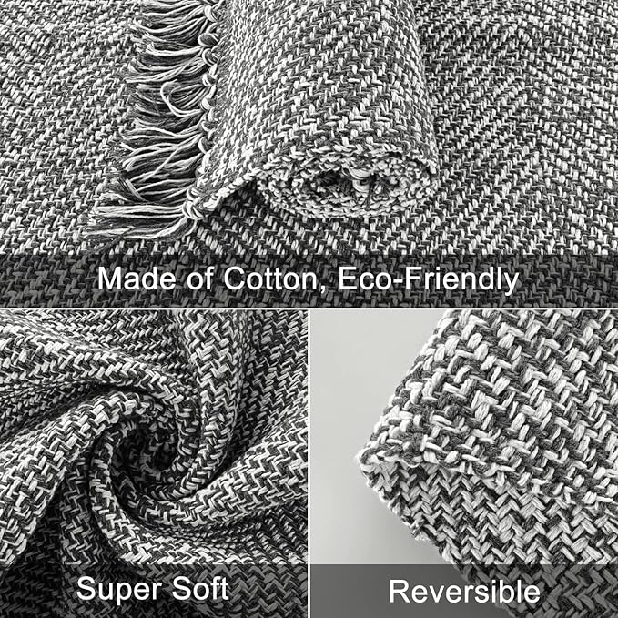 Collive Comfy Area Rug 4' x 6', Grey/Cream Woven Cotton Bedroom Rugs, Modern Indoor Accent Rug Floor Carpet with Tassel for Living Room, Nursery Room, Dining Room, Bedside, Office, Patio Decor