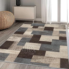 Modern Geometric Patchwork Indoor Area Rug for Living Room, Blue-Taupe 9'x 12' Large Rug Rockwood Collection Hardwood Floors Decor for Bedroom, Blue Throw Carpet for Office Entryway Dining Room