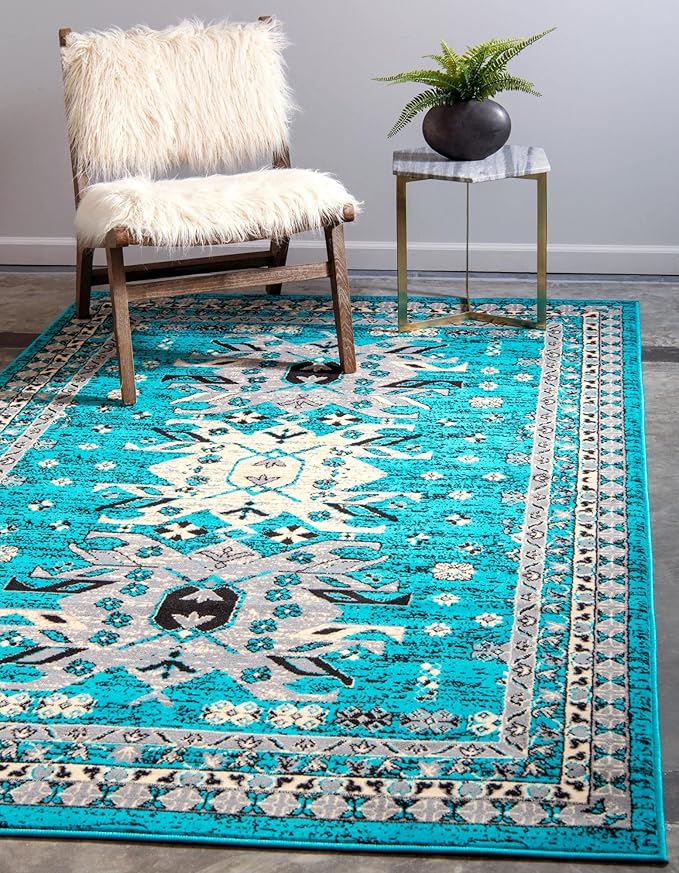 Unique Loom Taftan Collection Border Geometric Tribal Inspired Design Area Rug (2' 2 x 3' 0 Rectangular, Turquoise/ Gray)