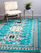 Unique Loom Taftan Collection Border Geometric Tribal Inspired Design Area Rug (7' 0 x 10' 0 Rectangular, Turquoise/ Gray)